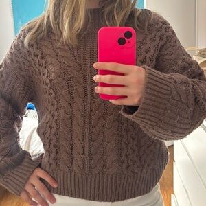 Dynamite Brown Cable-Knit Crewneck Sweater
